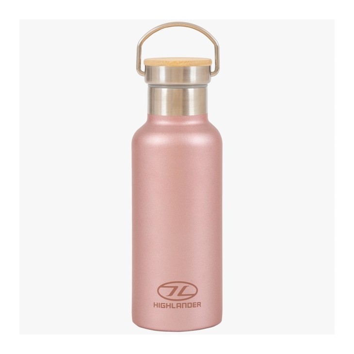 Botella de camping Highlander Botella aislante rosa de aluminio de doble pared.