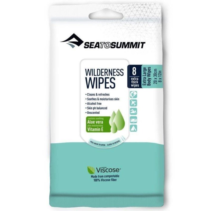 Paquete de 8 toallitas Sea to Summit Wilderness Wipes. Toallitas extra grandes, compostables, limpiadoras y refrescantes.