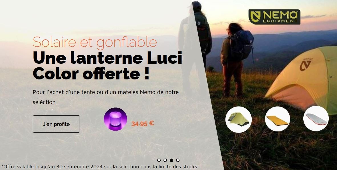 Offre du mois : Une lanterne Luci Color offerte pour l'achat d'un matelas ou d'une tente Némo de notre séléction