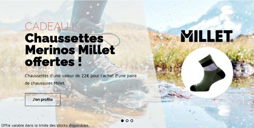 Une paire de chaussettes mérinos offerte pour l'achat d'une paire de chaussures Millet